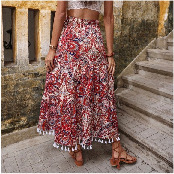 Paisley Print Tassel Hem Maxi Skirt - Picture 5 of 10